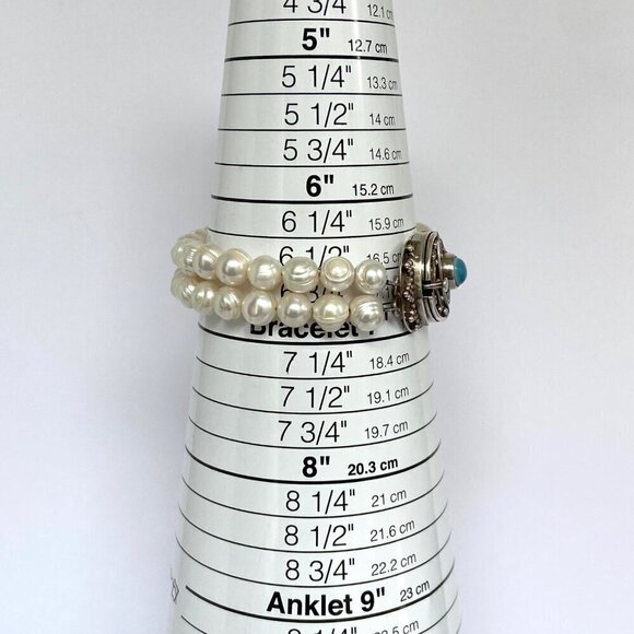 Sterling Silver 925 Two Strand Baroque Pearl Turquoise Bali Clasp Bracelet - Picture 7 of 16